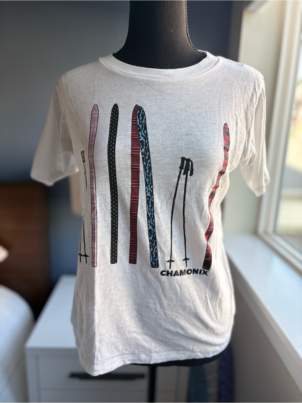 J. Crew White Graphic Crew Neck Ski Tee “Chamonix” with Multicolor Ski Prints